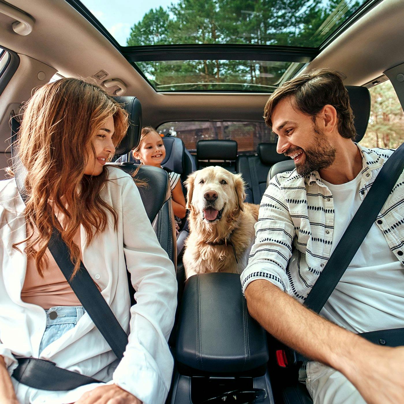 A family in their car with their dog