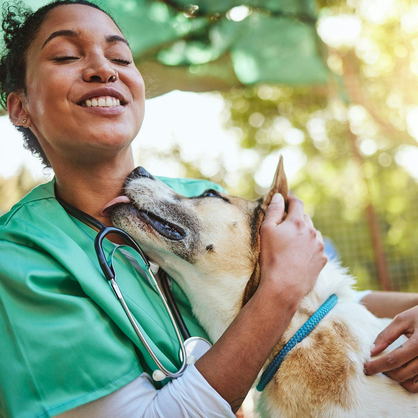 A doctor holding a happy dog